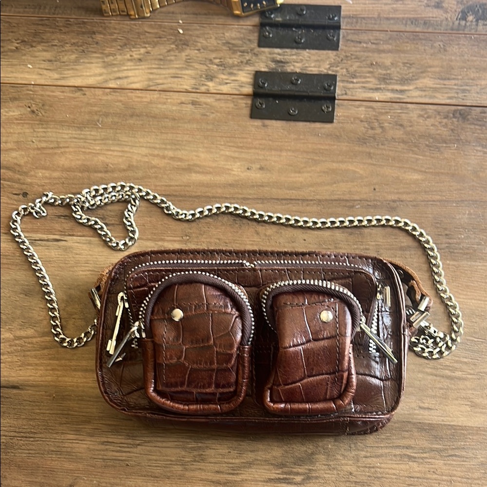 Brown Croc-Embossed Crossbody Bag